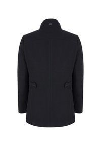 Czarny płaszcz z mieszanki wełny z wysokim kołnierzem, długimi rękawami, dwiema kieszeniami z tyłu i przeszyciem na ramionach. Gładki, strukturalny design.