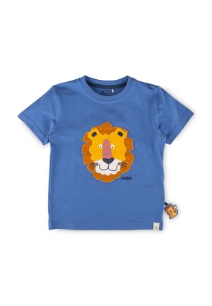 Blaues Kinder-T-Shirt mit einem großen, bunten Löwengesicht in der Mitte der Vorderseite und einem kleinen Löwenetikett an der Seitennaht.