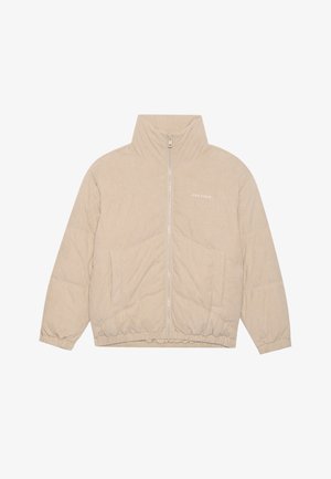 Beige puffer jacket with a stand collar, full front zipper, ribbed texture, elastic cuffs, and two side pockets. Features subtle branding.