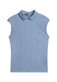 Lyhythihainen yläosa vaaleansinisessä värissä, jossa on teksturoitu aaltokuvio, kiinteä kaulus ja takana vetoketjusulku. Pehmeä kangas, joka on muotoiltu tiukasti.