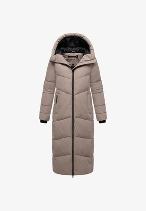 Long, padded coat in light beige with a black inner lining and zip closure. Features a hood,, side pockets, and elastic cuffs.