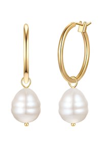 Auksiniai auskarai žiedai su tekstūruota balta perlų pakaba. Žiedai blizgūs su lygiu paviršiumi ir saugiu užsegimu.