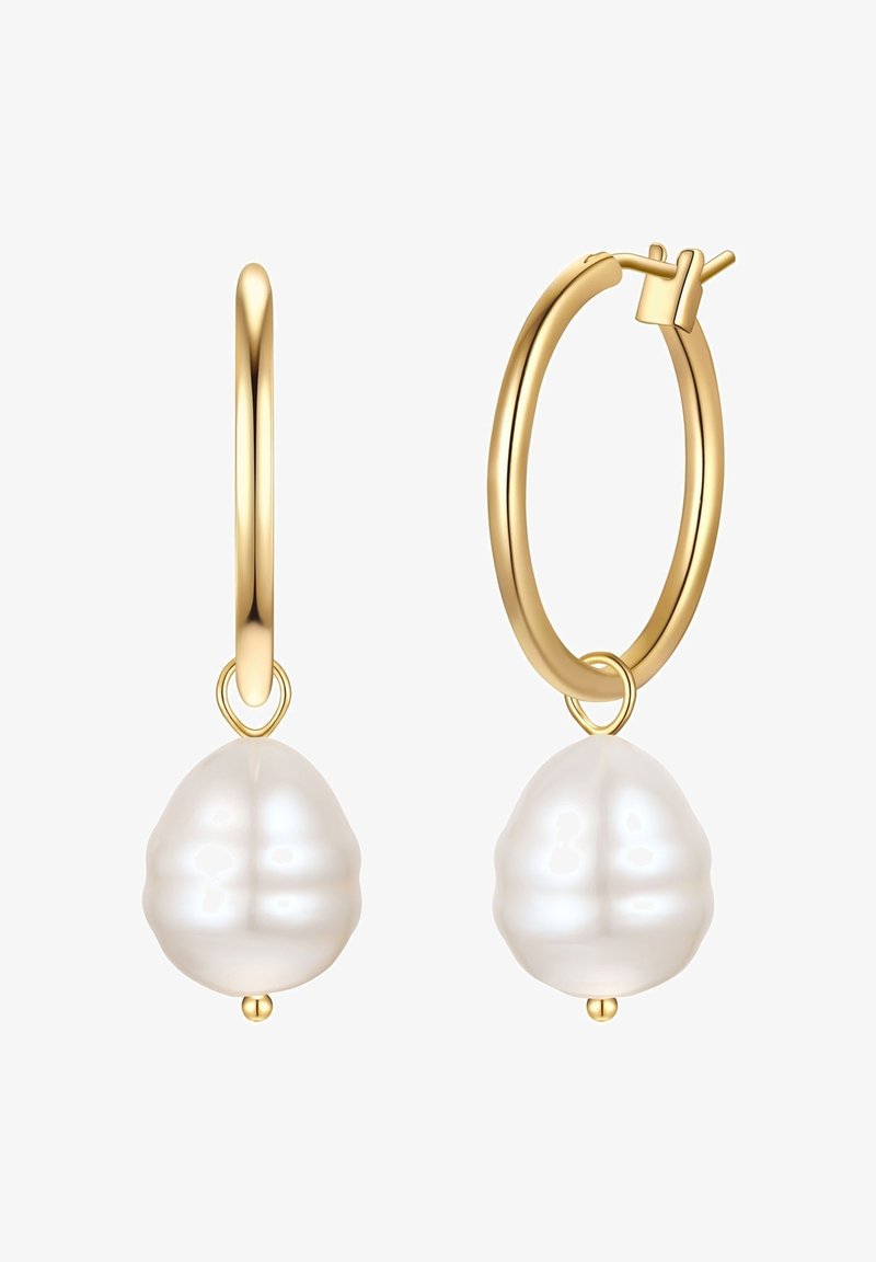 Auksiniai auskarai žiedai su tekstūruota balta perlų pakaba. Žiedai blizgūs su lygiu paviršiumi ir saugiu užsegimu.
