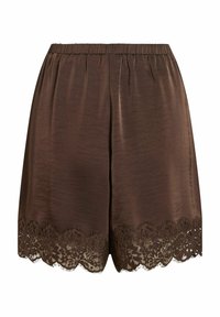 Shorts en satin marron avec une taille élastique et une bordure en dentelle florale festonnée le long de l'ourlet.