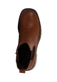 Bottine en cuir marron avec un bout rond, des panneaux latéraux élastiques et une languette au talon. Semelle texturée pour une meilleure adhérence.