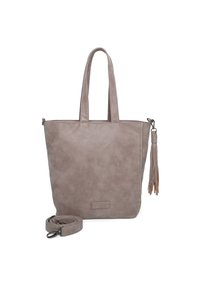 Borsa tote in finta pelle grigia con due manici, tracolla regolabile e dettaglio con frange. Texture liscia e design minimalista.