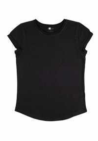 Černé tričko s krátkým rukávem a kulatým výstřihem, vyrobené z měkké bavlny, s ohrnutými manžetami a mírně zakřiveným lemem.