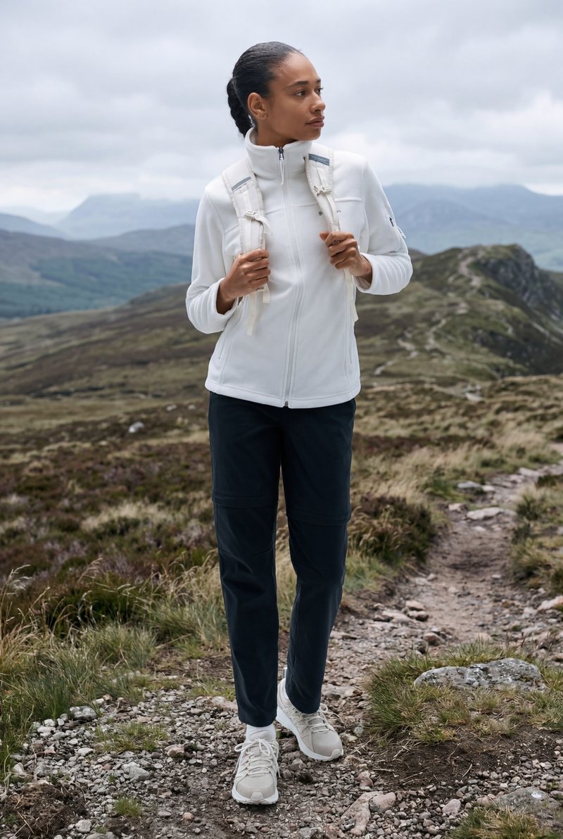 Femeie purtând o jachetă albă și un rucsac, stând pe un traseu stâncos de drumeție într-un peisaj montan sub un cer înnorat.