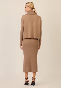 Brauner Rippstrickpullover mit hohem Kragen, kombiniert mit einem passenden Rippstrick-Midirock. Modell trägt schwarze Riemen-High Heels und steht mit dem Rücken zur Kamera.