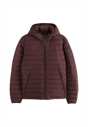 Maroon insulated jacket with a hood, featuring horizontal quilted design, front zip closure, and two side pockets. Smooth nylon fabric texture.