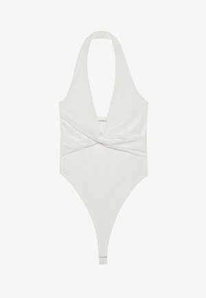 Weißes Halterneck-Bodysuit mit tiefem V-Ausschnitt und verdrehtem Frontdesign. Hergestellt aus einem glatten, dehnbaren Stoff, hat es einen String-Schnitt.