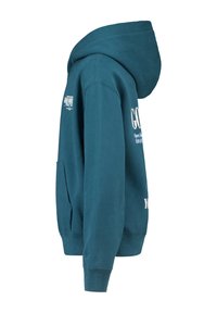 Teal hoodie with a front pocket, adjustable drawstring hood, and white printed text on the side. Soft, textured cotton blend material.