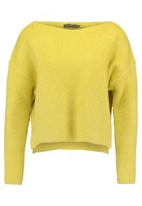 Žlutý pletený svetr s dlouhými rukávy, ribrovou texturou a lehce zkráceným lemem.