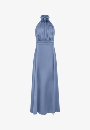 Bodenlanges, ärmelloses, hellblaues Satinkleid mit Neckholder und floralem Detail am Kragen, tailliertem Schnitt und fließendem Rock.