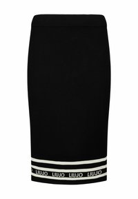 Jupe crayon noire longueur genou avec taille élastique, rayures blanches et logo "LIU JO" sur l'ourlet.