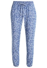 Pantalons bleu clair avec un motif paisley blanc, taille élastique et cordon de serrage. Design à jambes effilées avec un matériau doux et léger.