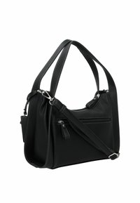 Sac à main en cuir noir avec une finition texturée, des poignées doubles et une poche zippée. Il dispose d'une bandoulière amovible.