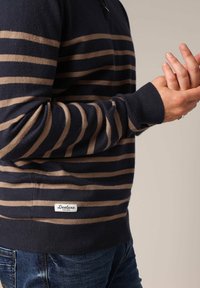 Pull en tricot rayé bleu marine et beige, avec un col rond, des poignets côtelés et une étiquette en tissu au bas. Présente une coupe décontractée.