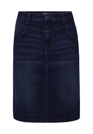 Donkere denim rok met een rechte snit, vijf-pocket ontwerp en een sluiting met een vooraanstaande knoop. Gladde textuur met een subtiele vervaging.