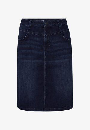 Donkere denim rok met een rechte snit, vijf-pocket ontwerp en een sluiting met een vooraanstaande knoop. Gladde textuur met een subtiele vervaging.