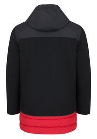 Czarna i czerwona ocieplana kurtka z kapturem, z gładką górną częścią i pikowanym czerwonym dołem. Tył zaprojektowany jest w prostym kroju.