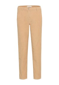 Pantalon beige en velours côtelé avec une coupe droite, doté d'une fermeture à boutons à l'avant, de deux poches latérales et d'une finition douce et texturée.