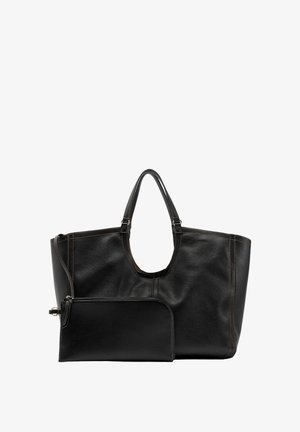 Czarna skórzana torba typu tote z podwójnymi uchwytami, o gładkiej fakturze, kontrastujących przeszyciach oraz odpinanej saszetce na zamek.