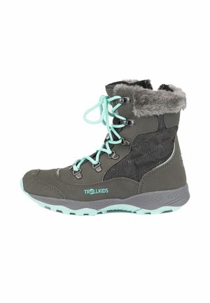 Grauer wasserdichter Stiefel mit einem Pelzkragen, türkisfarbenen Akzenten und einem strukturierten Obermaterial. Verfügt über verstärkte Ösen und eine robuste Laufsohle.