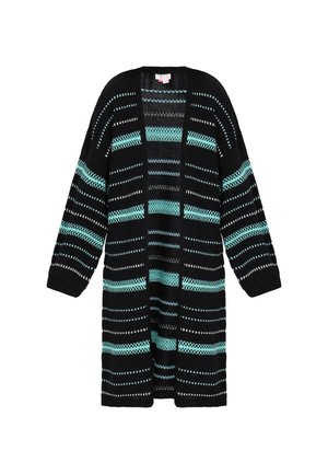 Cardigan nero lavorato a maglia con righe turchesi, con apertura frontale, maniche lunghe e vestibilità rilassata. Motivo testurizzato su tutta la superficie.