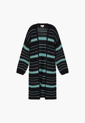 Czarny dzianinowy kardigan z turkusowymi paskami, z otwartym przodem, długimi rękawami i luźnym krojem. Wzór teksturowy na całej powierzchni.