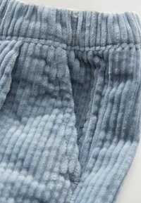 Hellblauer Cordstoff mit vertikalen Rippungen, weicher Textur und einem elastischen Bund mit gerafftem Stitching.
