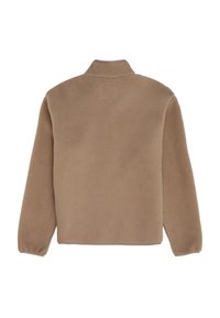 Lange mouwen, coltrui van fleece in beige. Zachte textuur met een vierkante patch op de bovenrug. Elastische manchetten en rechte zoom.