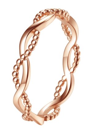Rose gold ring featuring a twisted design with spherical accents, showcasing a smooth texture and interconnected spiral shapes.