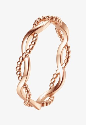 Bague en or rose présentant un design torsadé avec des accents sphériques, mettant en valeur une texture lisse et des formes spiralées interconnectées.