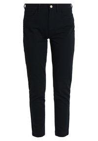 Svarta denim skinny jeans med en slät yta, fem fickor, framknäppning med knapp och subtil sömnadsdetalj längs sömmarna.