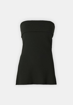 Black ribbed strapless top with a fitted bodice, smooth texture, and a slightly flared hem. Features a minimalist design with no patterns.