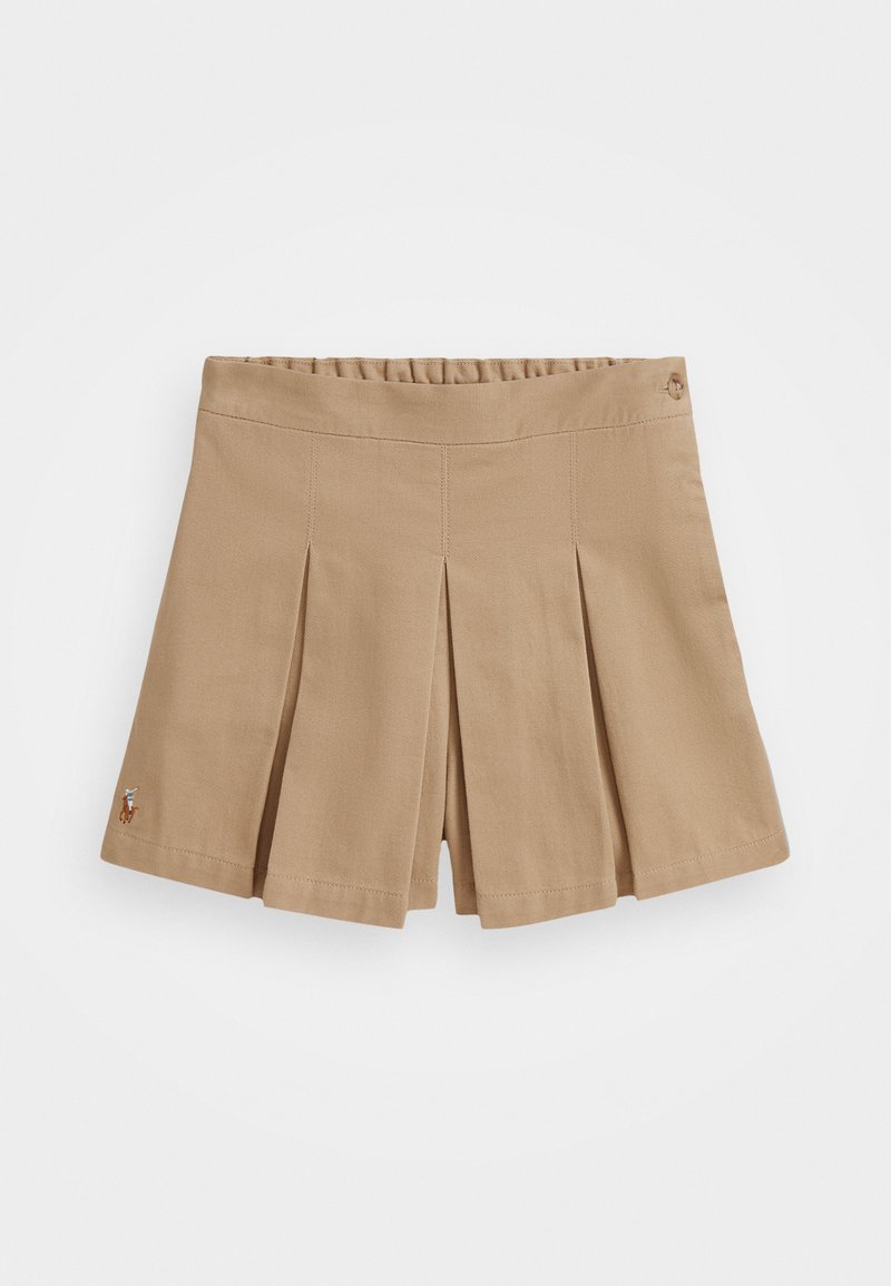 Khaki plisserad kjol med elastisk midjeband, bomullsmateriale, en liten brodert detalj og rett snitt.