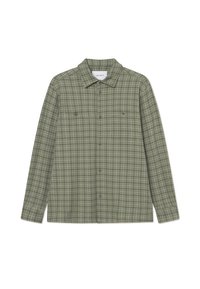 Groene geruite knoopshirt met een puntkraag, lange mouwen, twee borstzakken en een relaxte pasvorm. Gemaakt van een textuurstof.