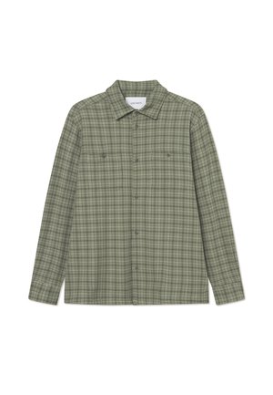 Chemise à carreaux verts à boutons avec col pointu, manches longues, deux poches poitrine et coupe décontractée. Fabriquée à partir d'un tissu texturé.