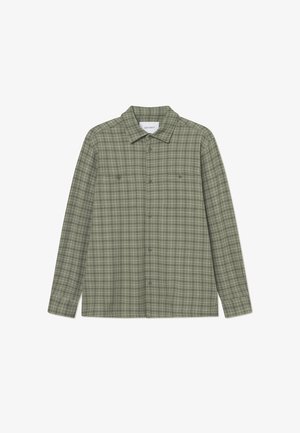 Green plaid button-up shirt with a point collar, long sleeves, two chest pockets, and a relaxed fit. Made from a textured fabric.