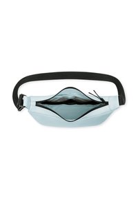 Marsupio azzurro chiaro con una texture liscia, tracolla nera regolabile e chiusura con zip. Internamente presenta due scomparti e una tasca in rete.