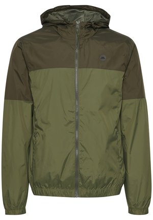 Hooded Jacke im zweifarbigen Olivgrün, aus leichten Materialien gefertigt, mit elastischen Bündchen und einem Reißverschluss vorne.