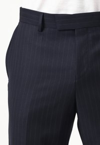 Tamsiai mėlynos spalvos, dryžuotos, pritaikytos kelnės su juosmens juosta, diržo kilpomis ir subtiliomis priekinėmis klostėmis, ant balto fono.