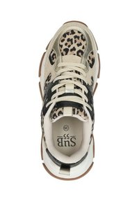 Leopard print sneakers featuring beige suede and black leather accents, a rounded toe, lace-up closure, and a textured rubber sole.