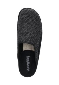 Gray, woven slipper with a textured, knitted upper and a smooth black sole. Open back design and beige inner lining. Features brand logo.