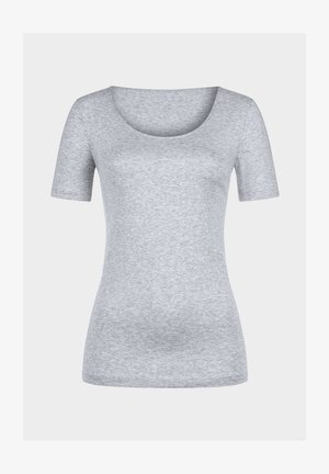 Gray short-sleeve T-shirt with a scoop neckline, made from soft, textured fabric. Fitted shape with minimal seams and no patterns.