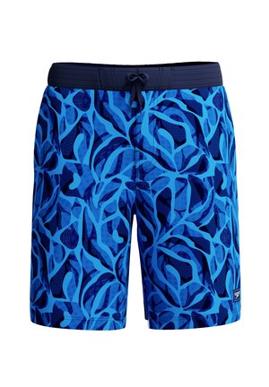 Men’s swim shorts with blue abstract seaweed pattern, navy waistband, and front drawstring tie.