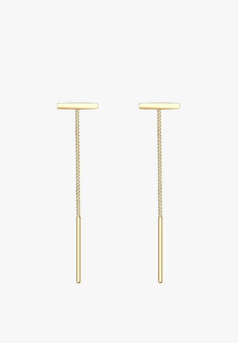 Boucles d'oreilles fil en or avec barres supérieures rectangulaires et fine chaîne reliant à des pendentifs cylindriques.