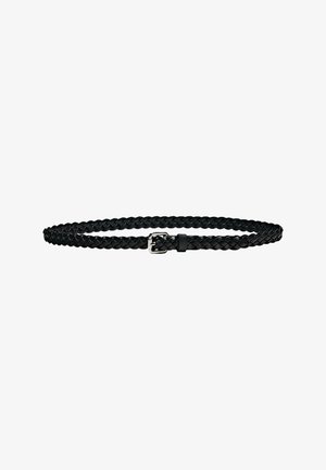 Cintura di pelle intrecciata nera con fibbia d'argento, caratterizzata da una texture liscia e un design piatto, adatta a vari outfit.