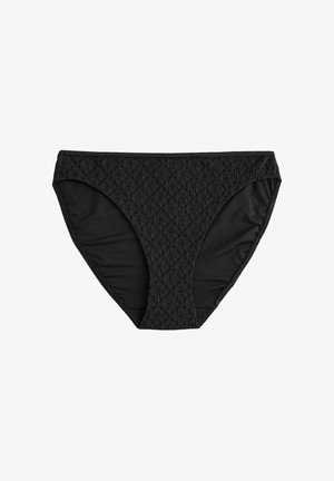 Chiloți bikini pentru femei, de culoare neagră, cu panou frontal texturat și țesătură netedă pe părți și spate, expuși pe un fundal alb.